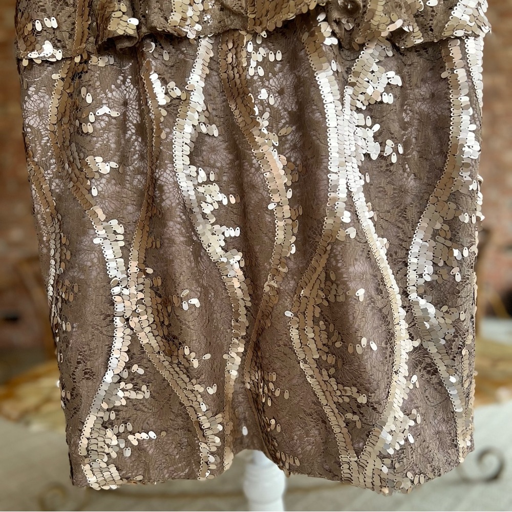 Adrianna Papell Taupe Champagne Lace Sequin Peplum Dress 14 Cocktail Glam - Picture 9 of 14